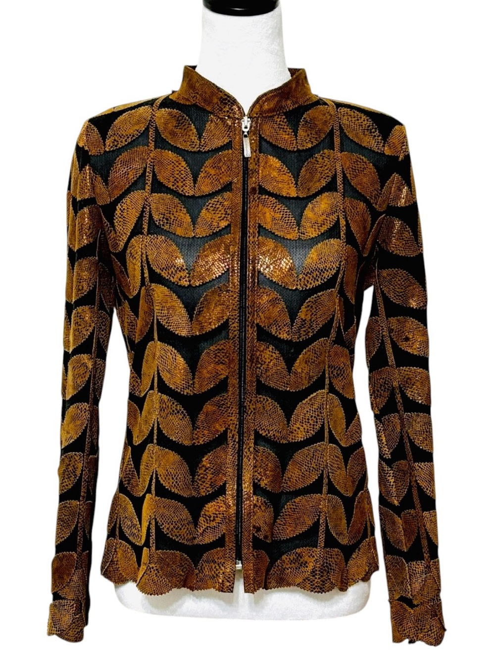 Vintage Y2K Best Classic Leather Leaf Jacket Womens Medium Brown Black Mesh Zip